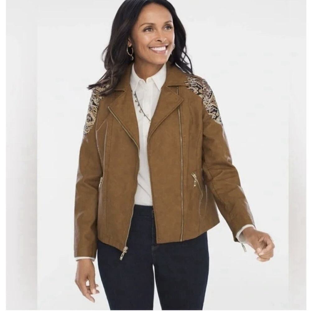 Chico's Women's Jacket Sz L Faux-Leather Jacquard Moto bohemian western Brown